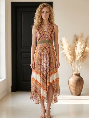 ANTONIO MELANI Orange, Cream & Olive Chevron High-Low Dress
